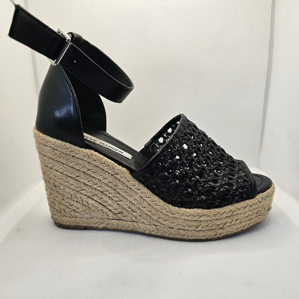 Steve Madden Joni wedge sandal shoes 6.5 heels black espadrilles open toe lace - Picture 8 of 11